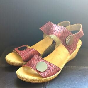 Rieker Aileen Red Basket Weave Strappy Sling Back Comfort Summer Wedge Sandals